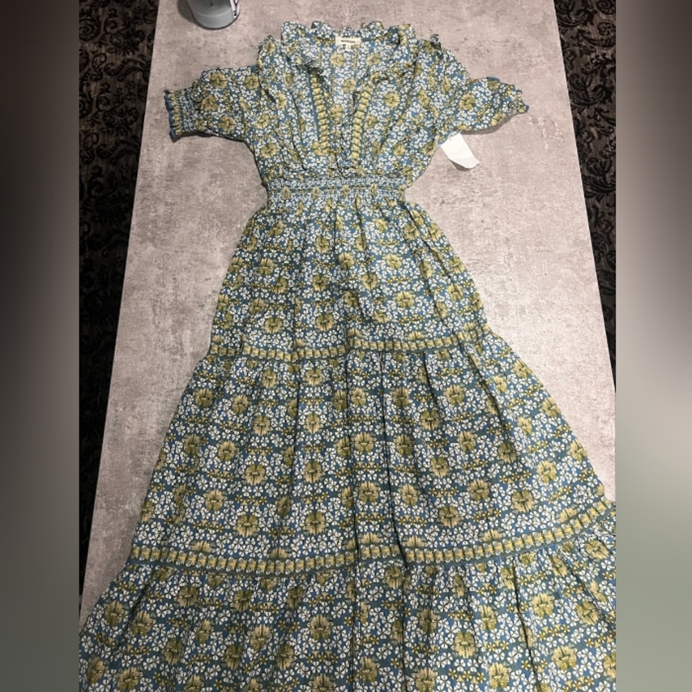 Ruffle Collar Print Tiered Maxi Dress Size S